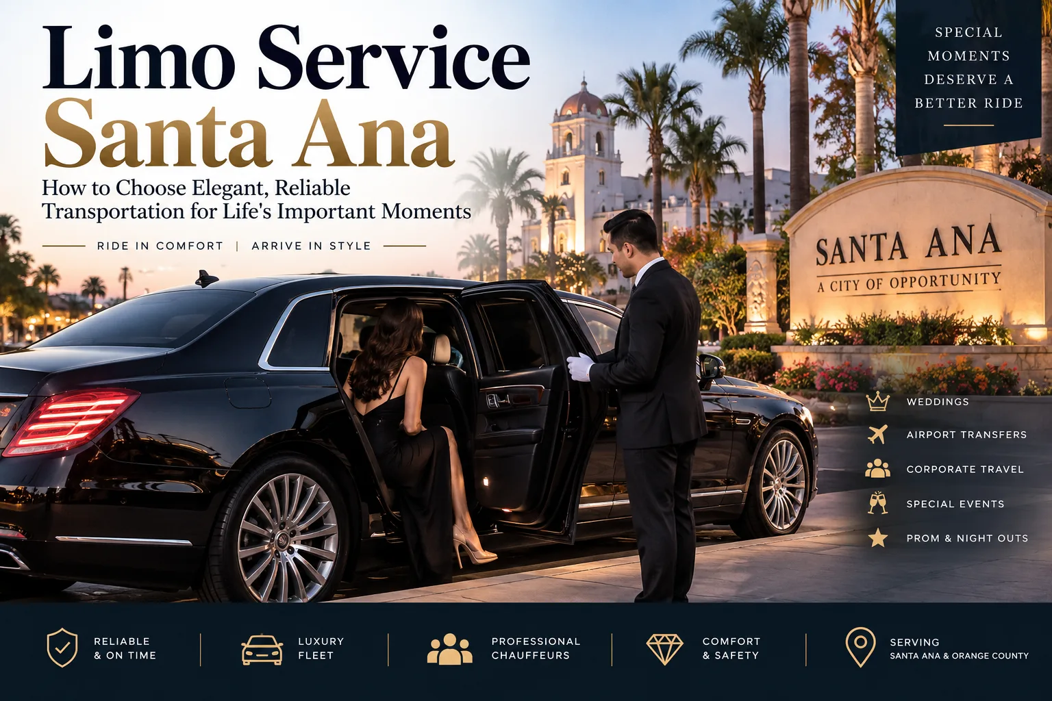 Limo service Santa Ana: a luxury stretch limousine for elegant transportation to weddings, proms, and important events