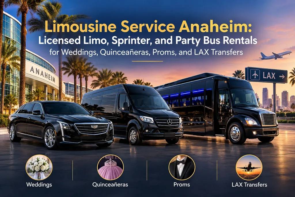 Limousine Service Anaheim: white stretch Hummer limousine parked outside Deluxe Limousine Service for weddings and special events