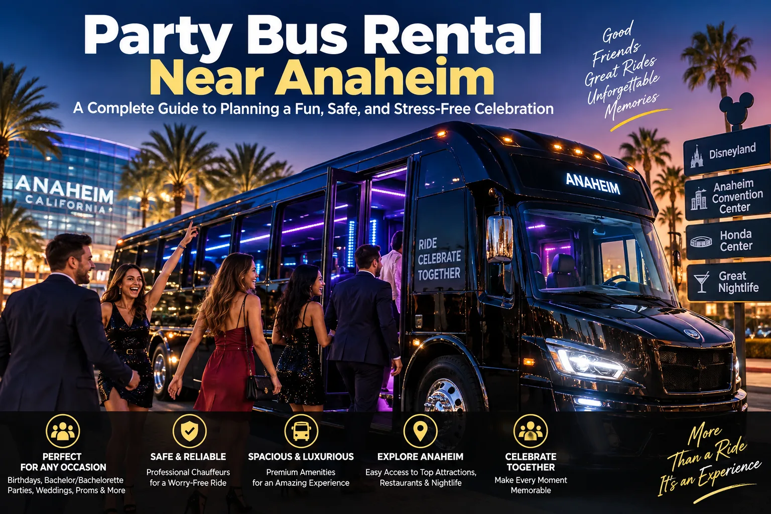 Party bus rental near Anaheim: a luxury party bus ready for a group celebration in Orange County