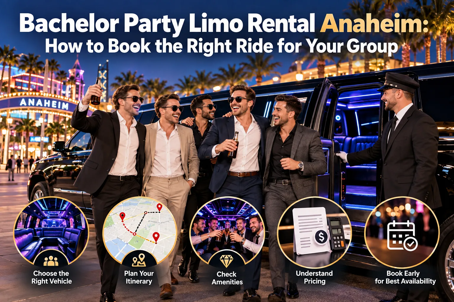 Bachelor party limo rental in Anaheim with a luxury stretch limousine ready for a group night out