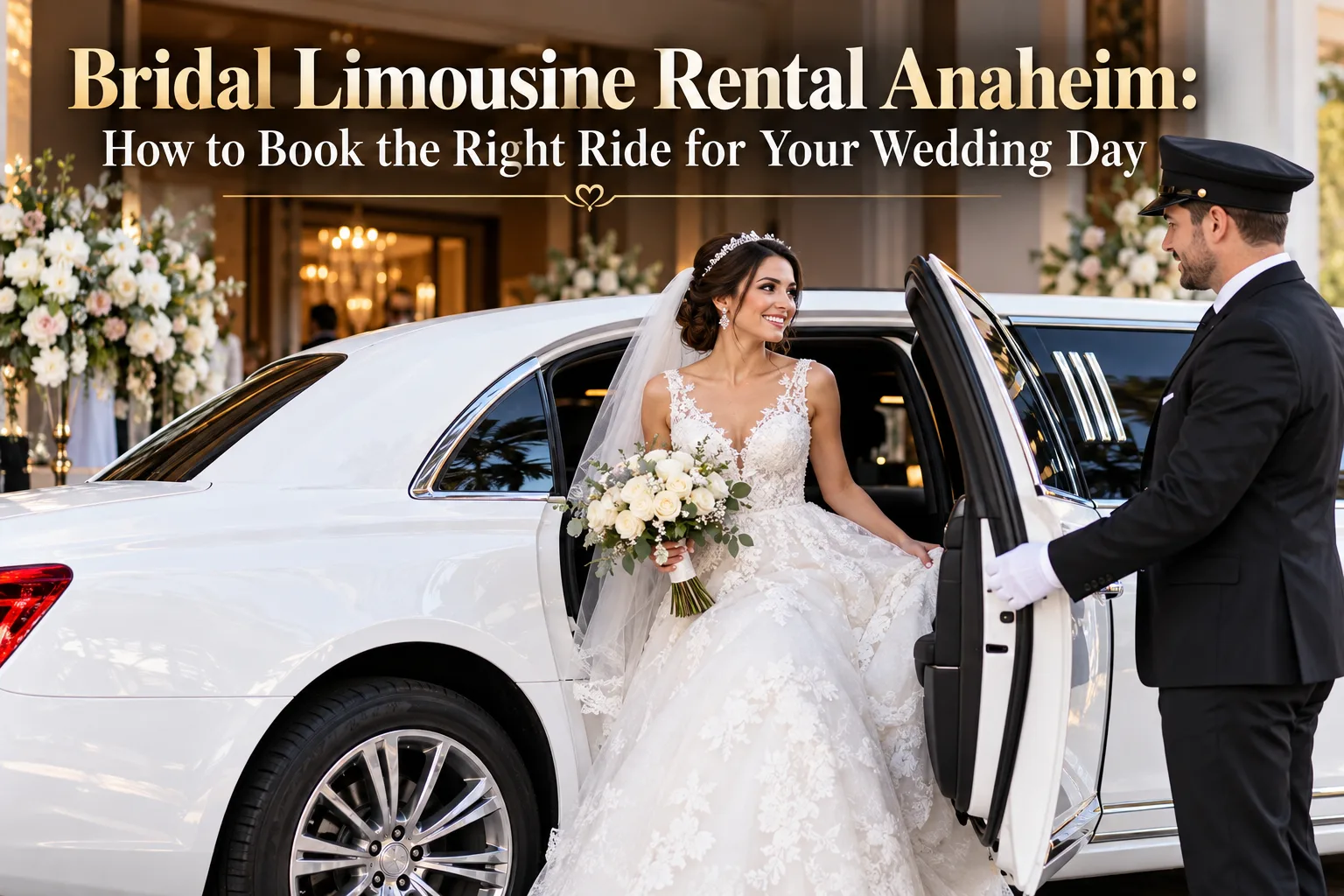 Bridal limousine rental in Anaheim with a white stretch limousine for wedding day transportation