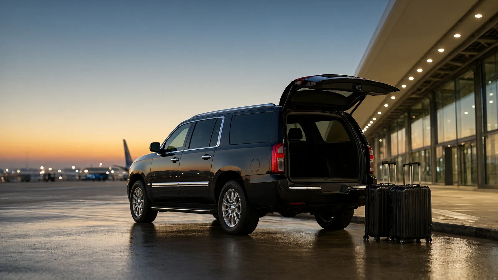 Black full-size SUV with its tailgate open at an airport curb, three suitcases beside it before sunrise