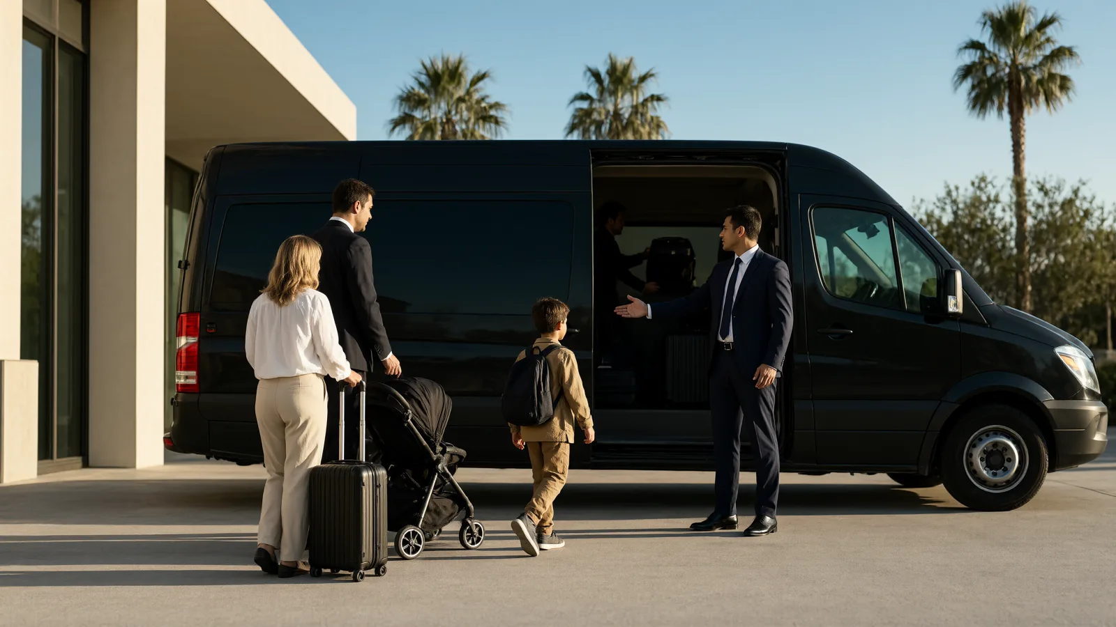 Chauffeur holding the door of a black Mercedes Sprinter for a family outside an Anaheim hotel near Disneyland
