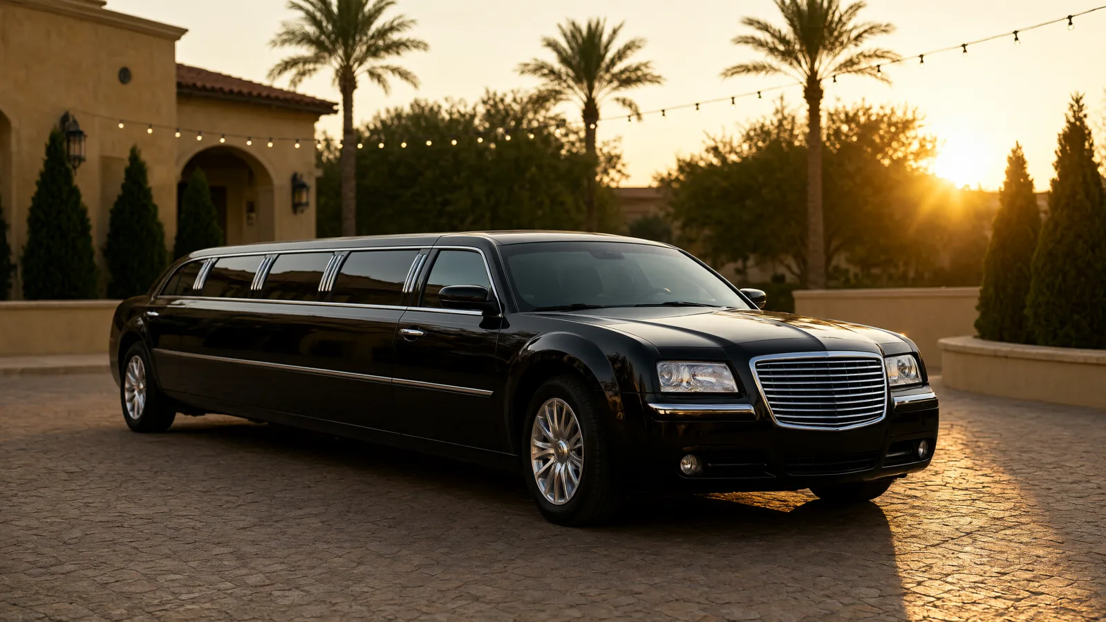 Chauffeured Chrysler 300 stretch limousine waiting outside a wedding venue in Orange County