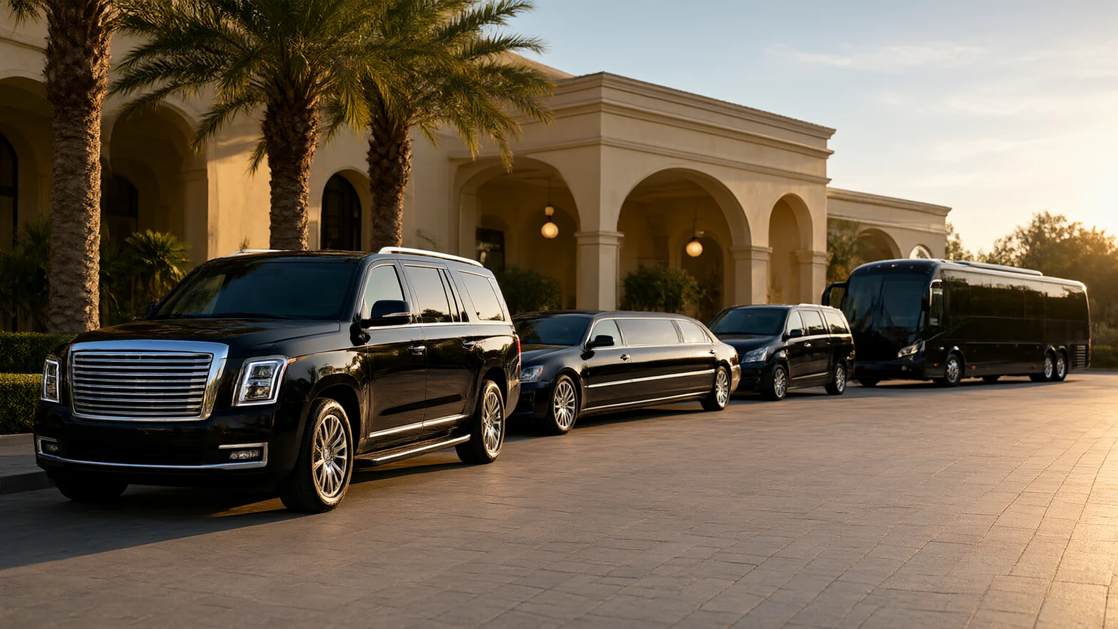 Four black chauffeured vehicles of increasing size lined up on the forecourt of a palm-lined Orange County hotel at golden hour