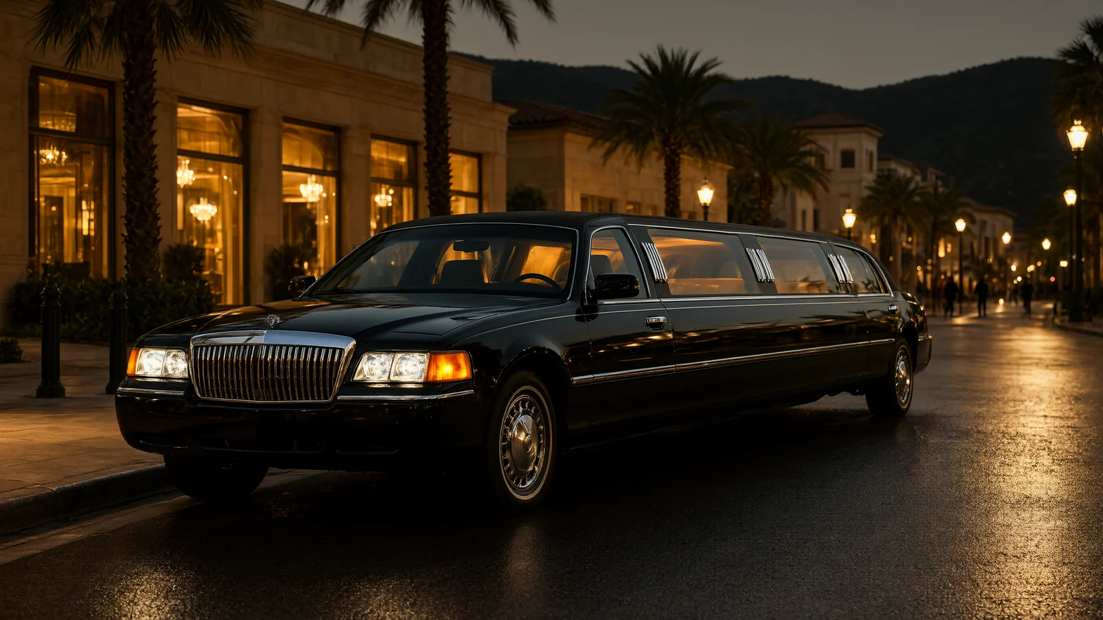 Black stretch limousine parked at the curb on a palm-lined Orange County street at night, warm shop lights on the wet road