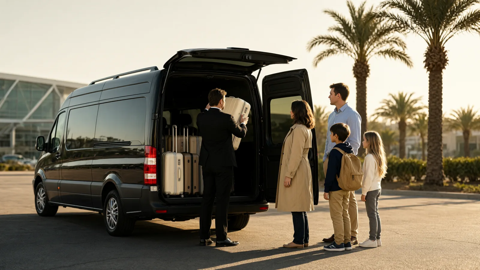 Chauffeur loading suitcases into a black Mercedes Sprinter outside John Wayne Airport for the drive to Disneyland